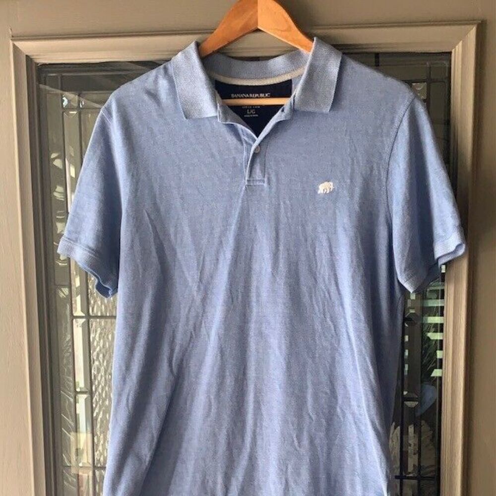 Banana Republic Polo Shirt Mens L Short Sleeve Blue Collared Light Blue w/Logo